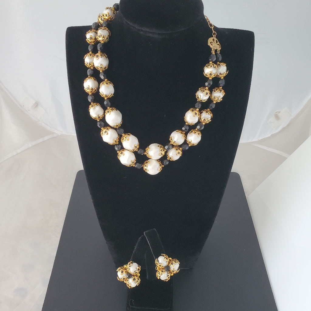 Vintage Double Strand Deauville Necklace And Earrings